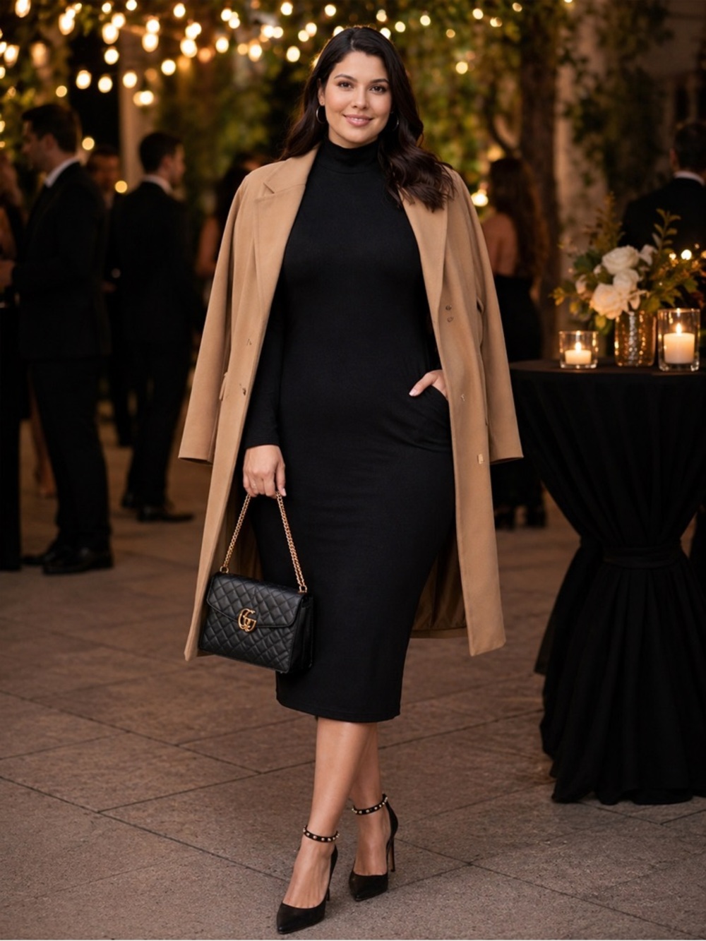 Black Turtleneck Midi Dress Size L | Bodycon Long Sleeve Minimal Chic